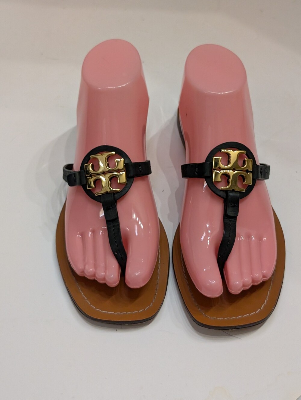 Tory Burch Women's 8 Mini Miller Sandals Black Leather Logo Thong Flat Gold